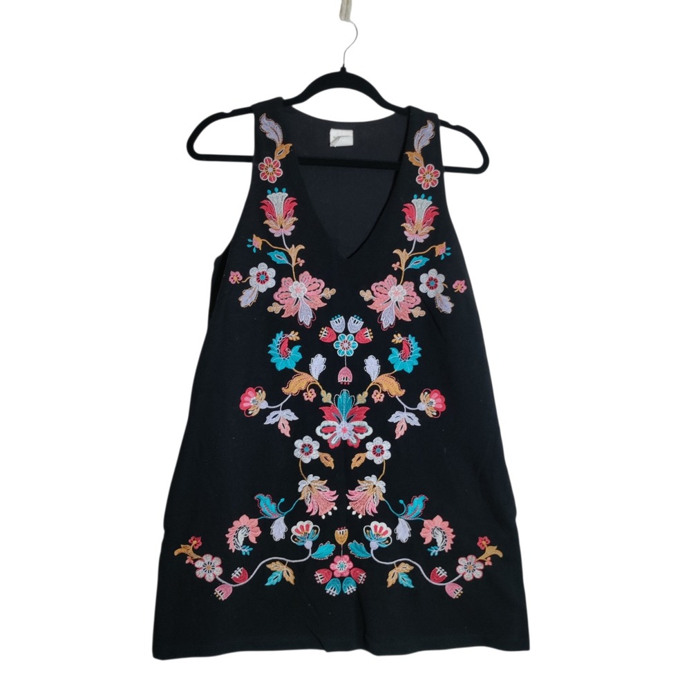 By Together Floral Embroidered V-Neck Shift Dress Black Small L2306 Boho‎